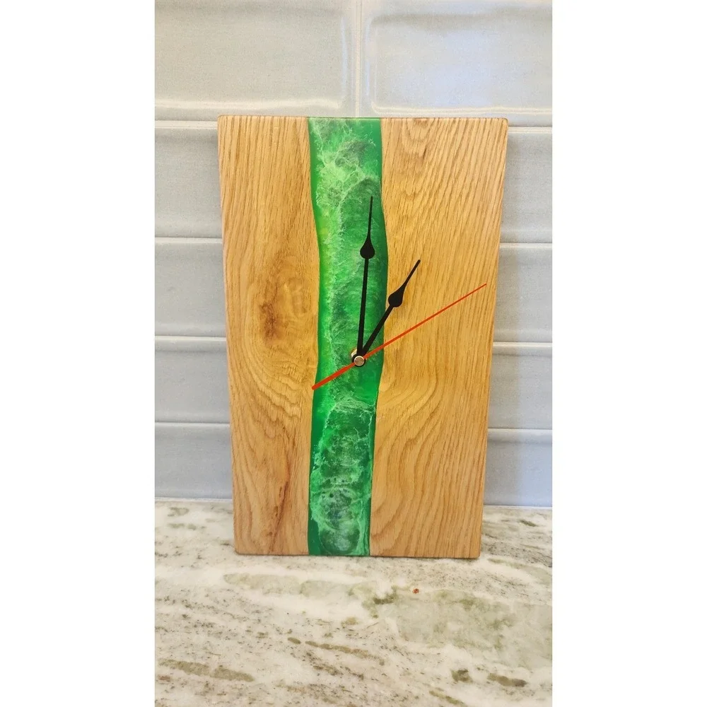Wood and Green Epoxy Resin Wall Clock or‎ Shelf Clock, Modern Home Decor